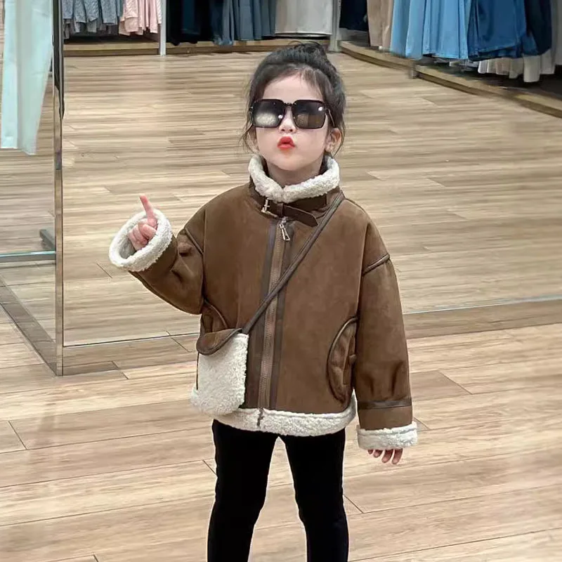 

Осенне-зимнее теплое пальто из замши для девочек, утепленные топы с воротником-стойкой, однотонная куртка, модная удобная детская одежда