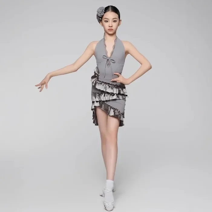 เด็กชุดเต้นรําละตินชุดสําหรับหญิงแขนกุดลูกไม้กระโปรง Cha-cha Samba เต้นรําบอลรูมการฝึกอบรมชุดเสื้อผ้า