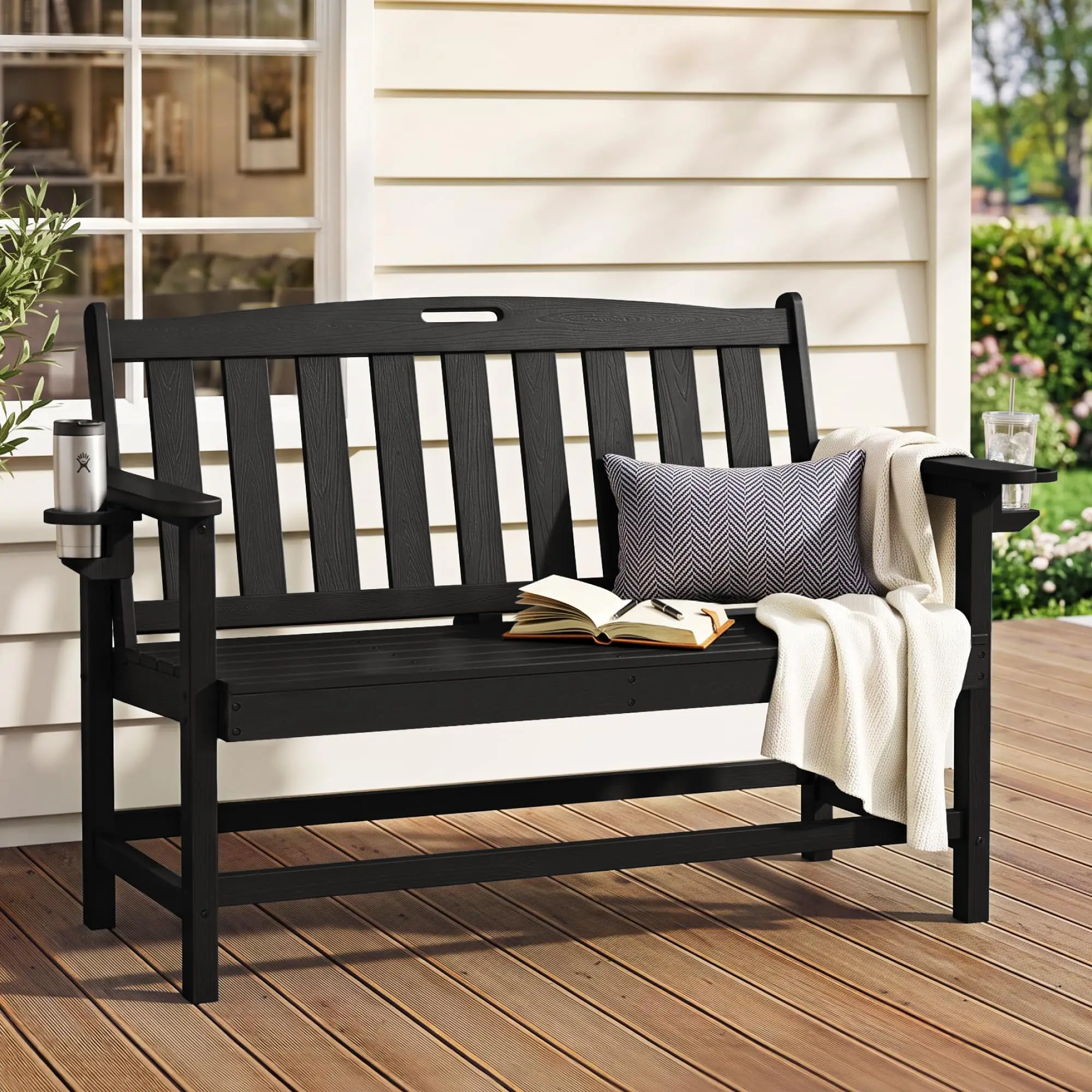 HDPE 2-Person Outdoor Bench, Reinforced Structure, Black