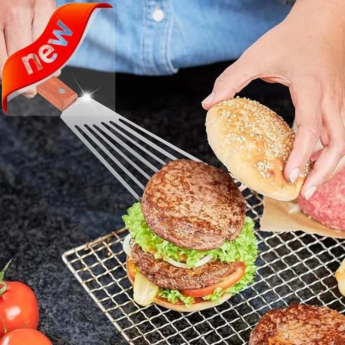 

2 PCS Fish Spatula Set, 10.8 inch Upgraded Wood Handle Fish Spatula Stainless Steel, Polished Metal Slotted Turner