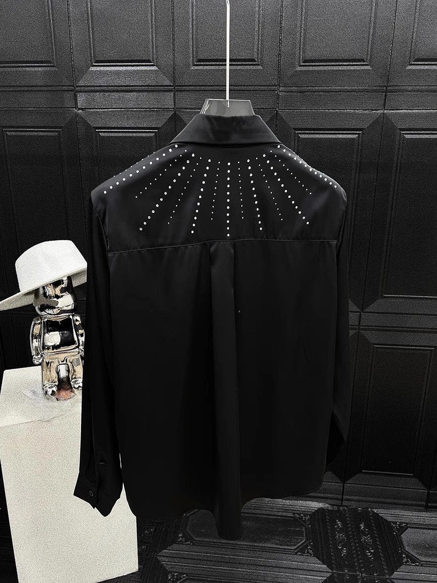 High-end Fashion Striped Hot Diamond Long-sleeve Shirts Men's 2025 Spring Summer New Handsome Trendy Tops Shoulder Padded Shirt