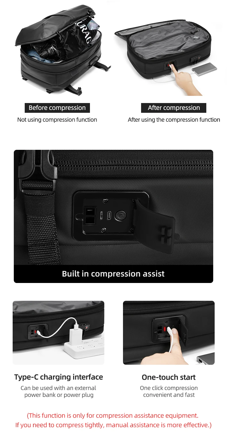 Herren-Reiserucksack mit One-Click-Start-Pumpe, Vakuum-Kompression, Laptopfach, Wandern, Outdoor, 17 Zoll, erweiterbarer Schulrucksack – Detail 4