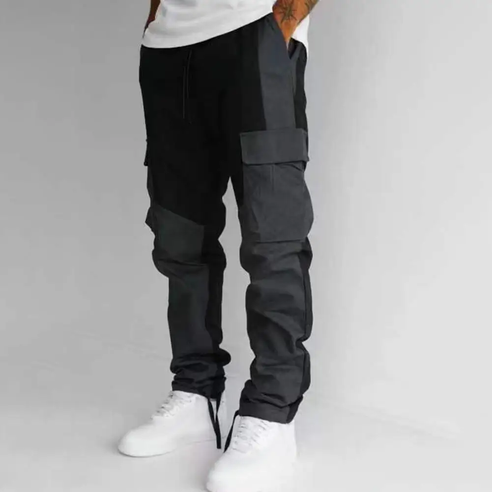 Men Sports Pants Patchwork Elastic Waist Loose Men Trousers Multi Pockets Casual Mid Waist Cargo Pants Men Long Trousers