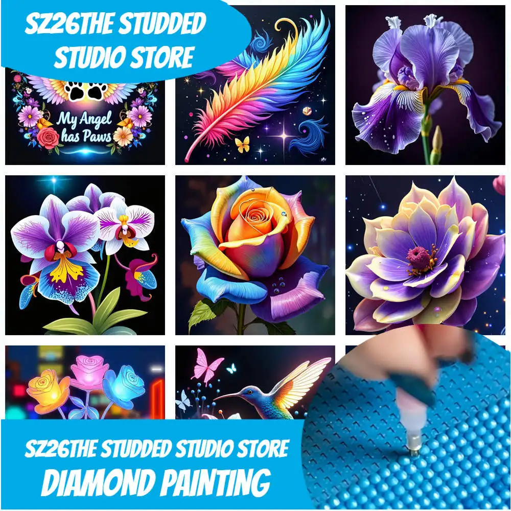 

Sz26The Studded5D DIY Diamond Painting Colorful Floral Angel Wings Paws Pet Memorial Canvas Full Round Diamond Embroidery Kits A
