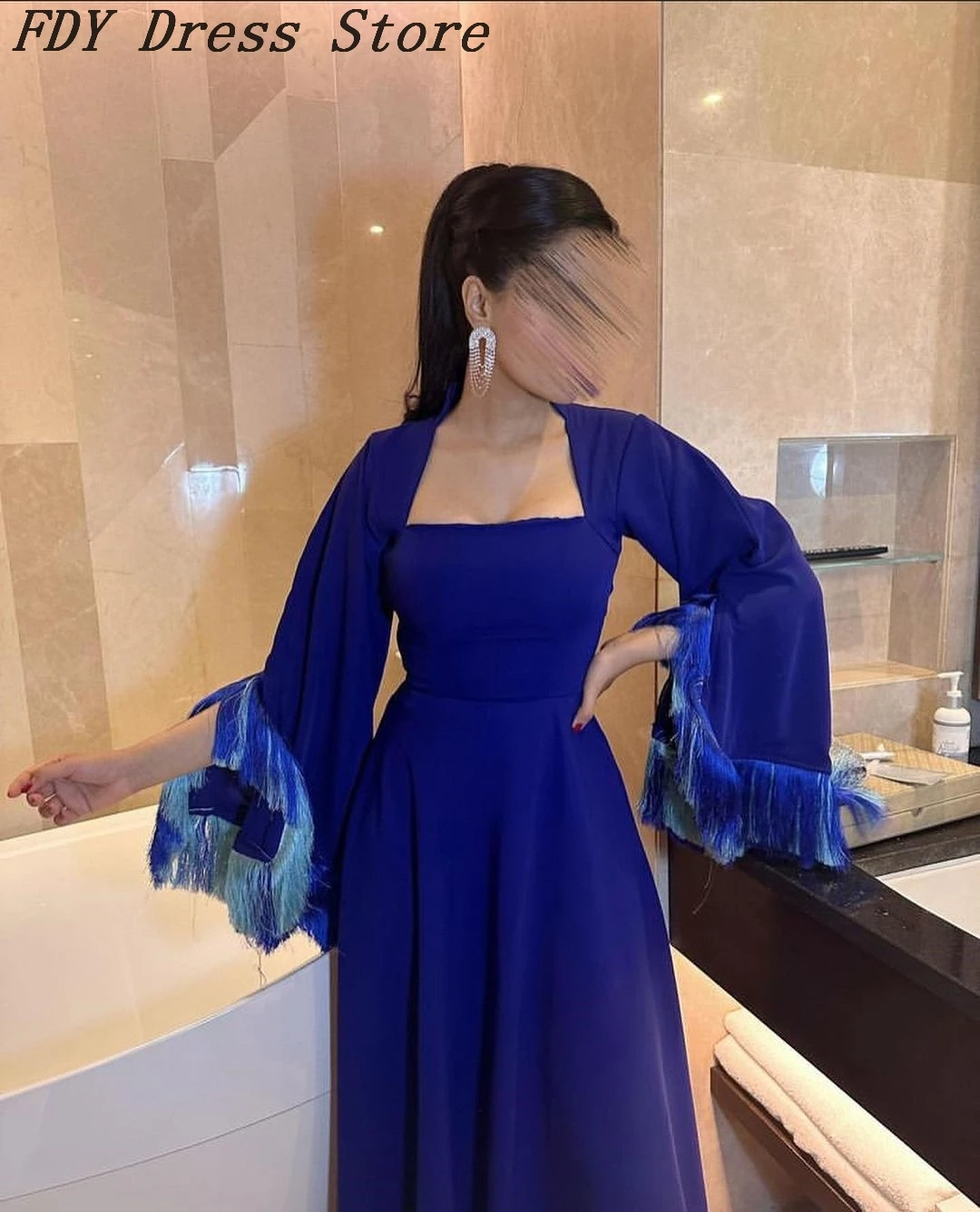 

Royal Blue Satin Evening Dresses Prom Dresses Long Sleeves Sexy Neck Tassels Floor Length Open Back Formal Occasion Dress