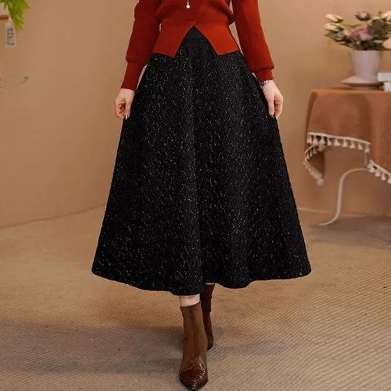 Autumn Winter Elastic High Waist Black Bright Silk Skirt Women Fashion A-Line Long Tweed Woolen Skirts Female Thicken Maxi Skirt