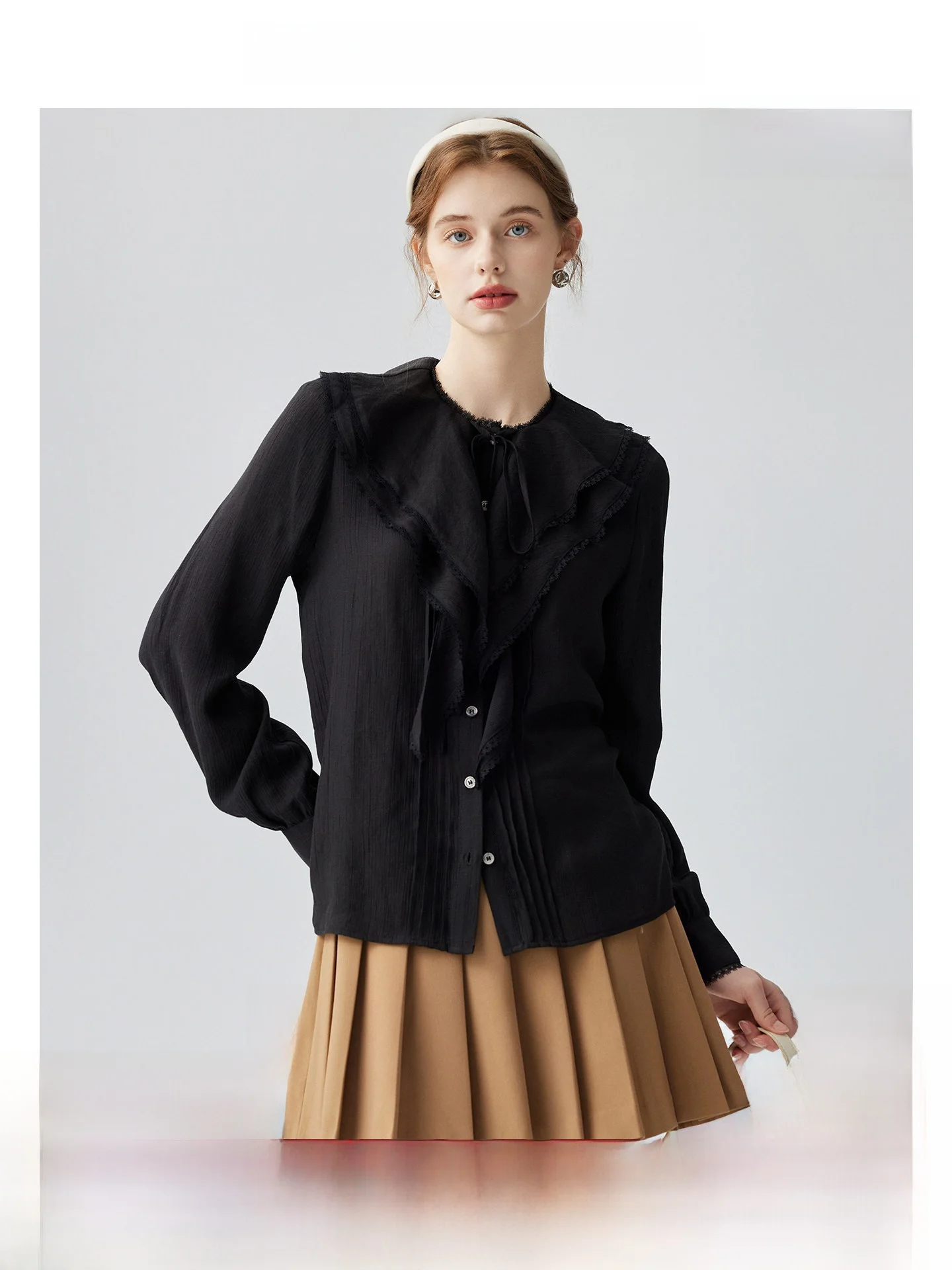 

Elegant Long Sleeve Women's Shirt French Style Pleated Hem Breathable Skin-Friendly Anti-Wrinkle Regular Fit Pure Color Sprin...