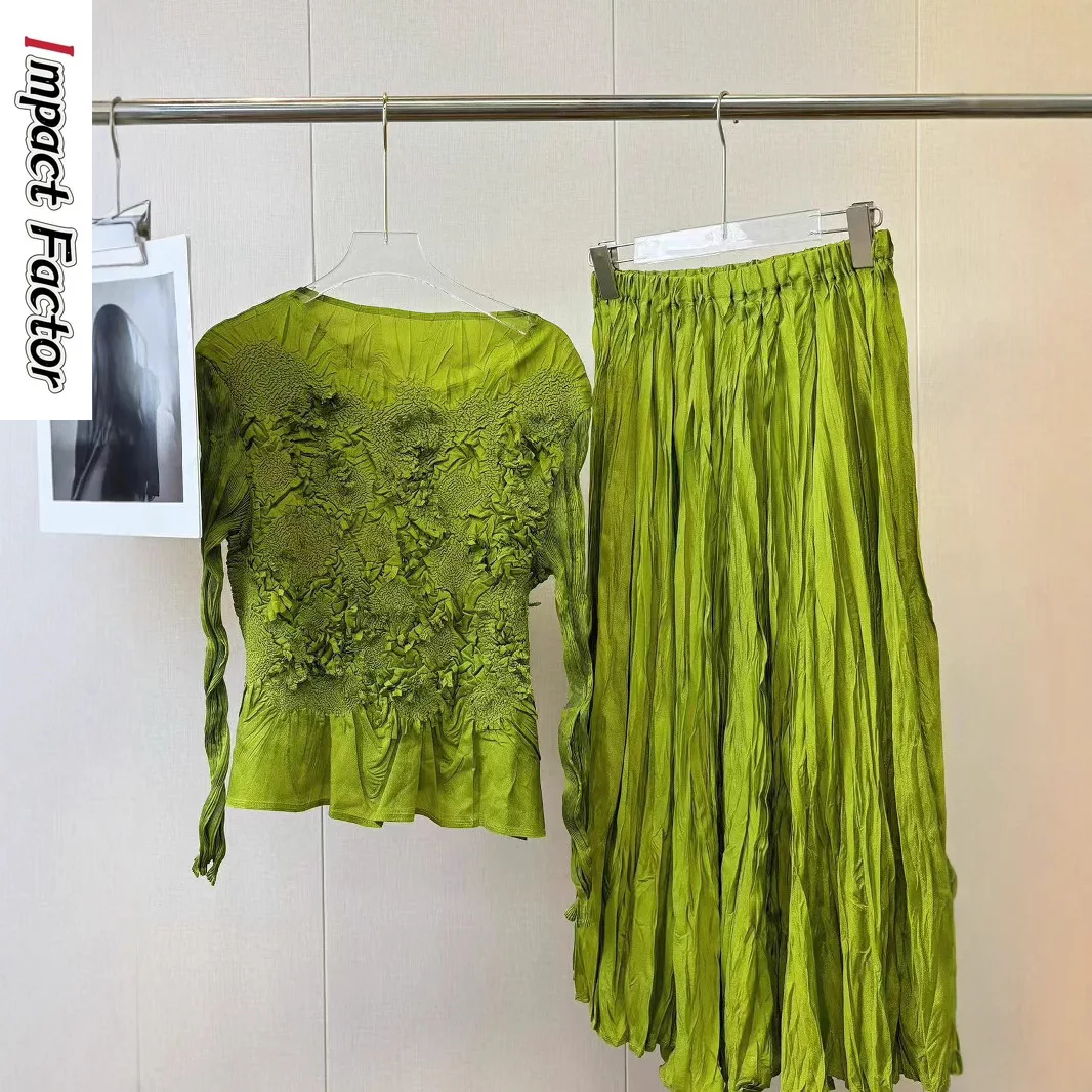 

Miyake Pleated 2 Piece Sets Women Full Sleeve Round Collar Tops + A Line Loose Skirt Niche Design New 2025 Female Clothing