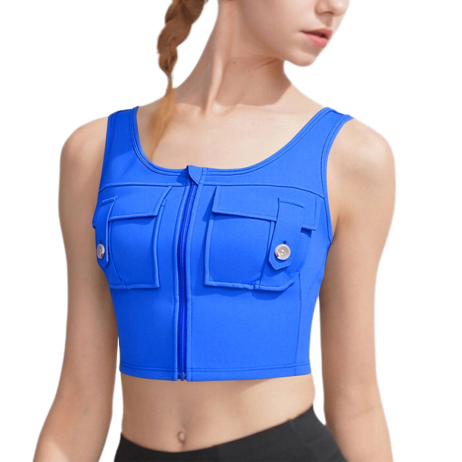 

Womens Workout Tank Tops U Neck Sleeveless Zip-Up Crop Top Flap Pockets Athletic Yoga Vest for Fitness Sports Exercise