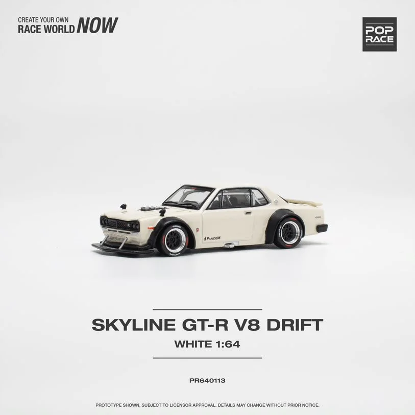 Pop Race In Stock 1:64 Skyline GTR KPGC10 Hakosuka V8 Drift White Openable Hood Diecast Diorama Car Model