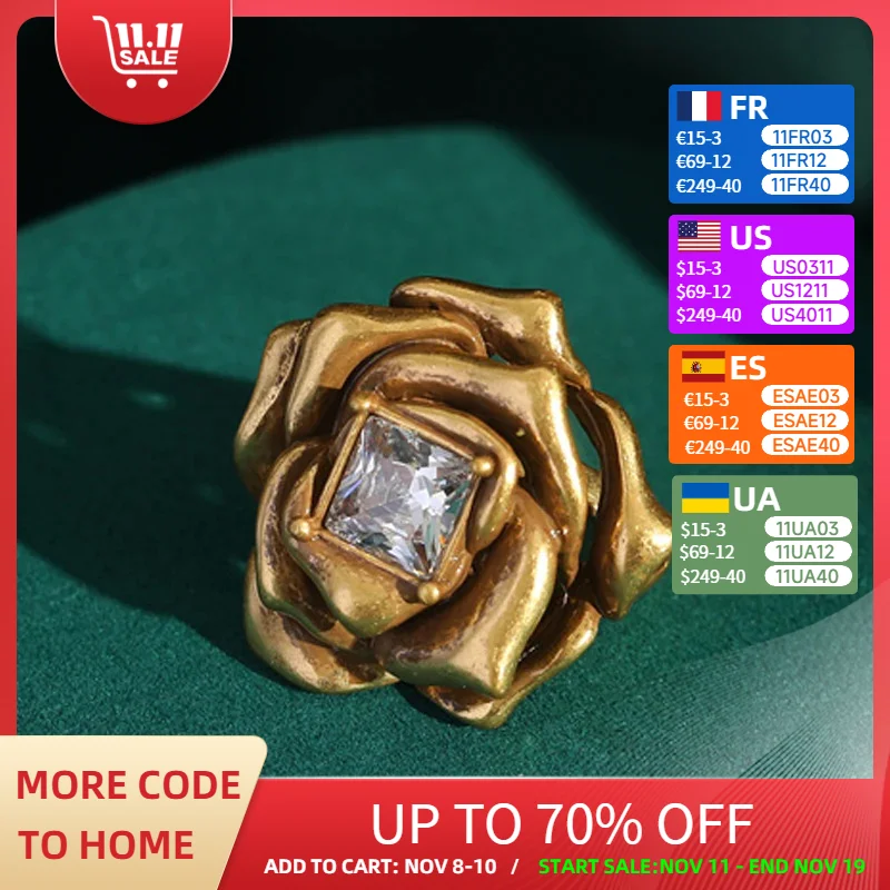

Vintage Square Cubic Zirconia Ring Gold Color Engagement Rose Flower Camellia Woman Antique European Accessories 2025 Trends