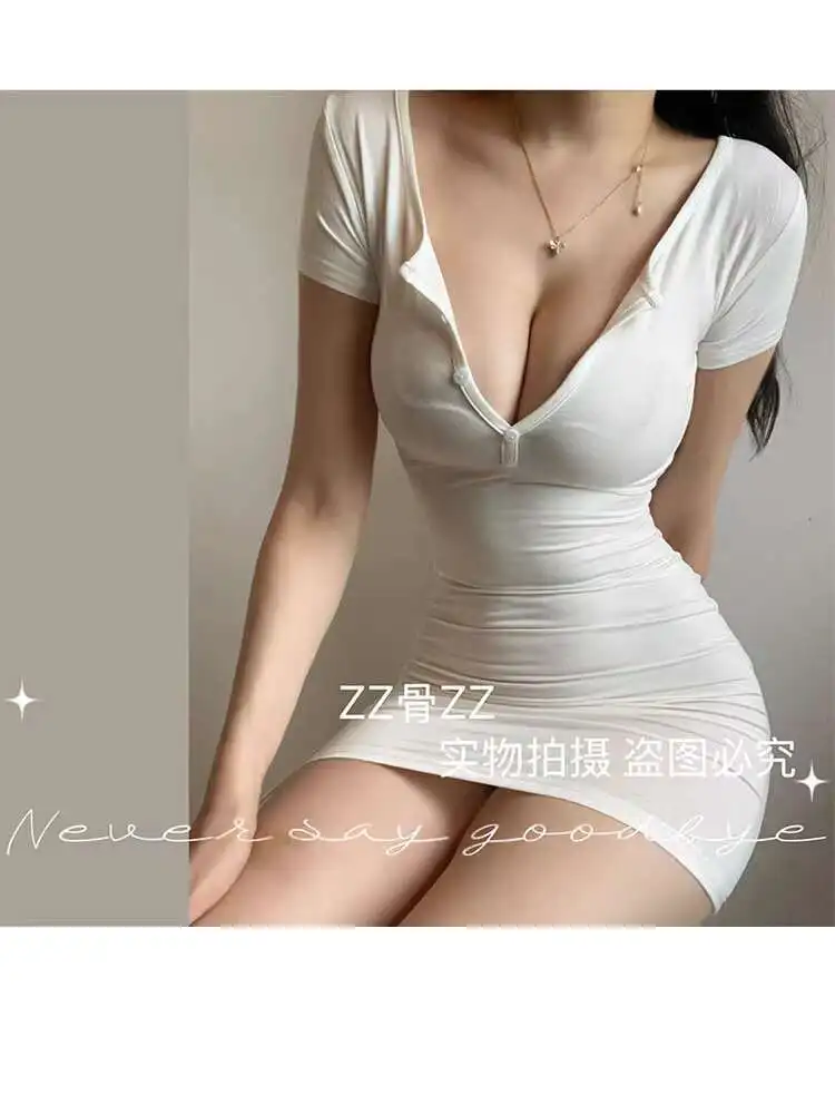 New French Elegant Pure Desire Style Women's V-neck Button Show Off Chest Sexy Temperament Bag Hip Dress T Shirt Dress O8QO