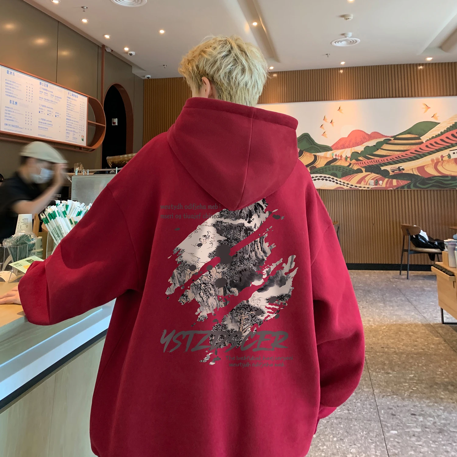 

Men's hooded sweatshirt spring and autumn 2025 new loose tops youth trendy brand pullover jacket