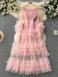 Spring Autumn Women Ruffle Mesh Party Long Dress Sexy Slash Neck Off Shoulder See Through Maxi Robe Female New Fashion