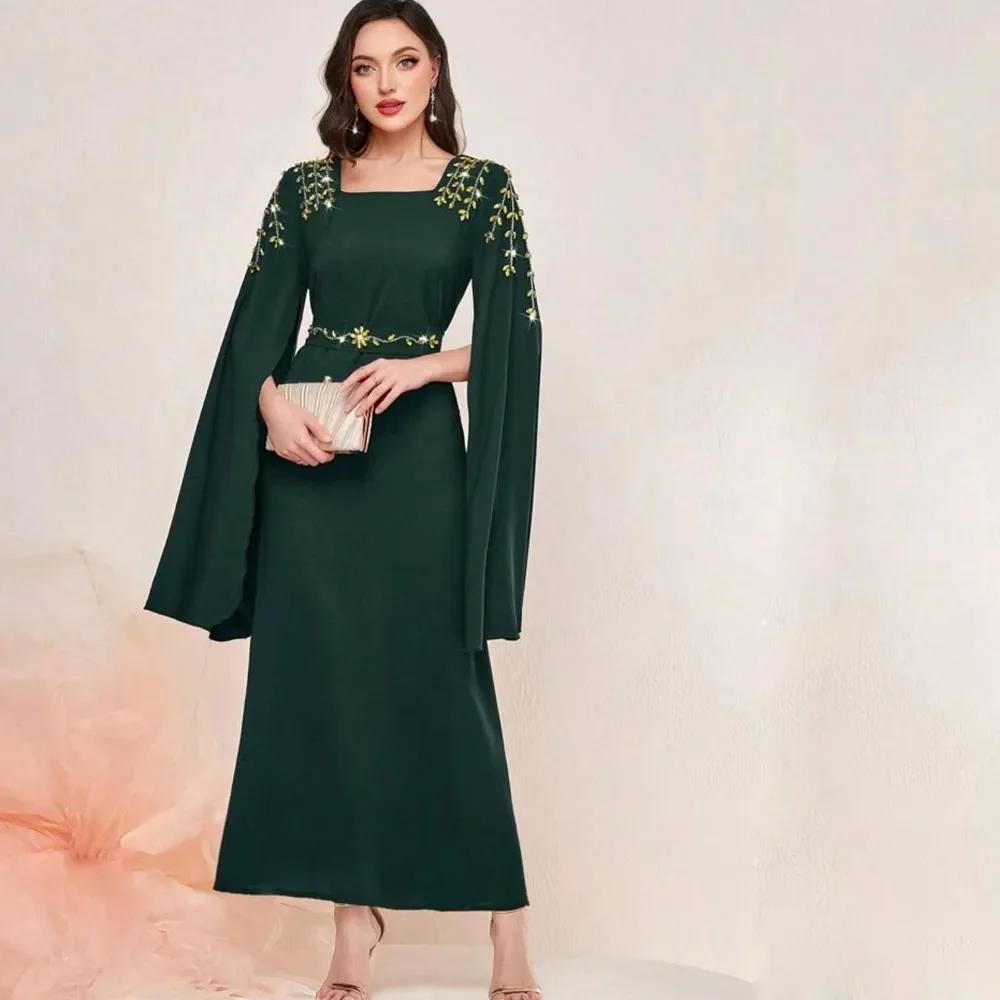 Gaun Ibu dari Pengantin Wanita Panjang Pergelangan Kaki Hijau Gaun Pesta Pernikahan Wanita Putri Duyung Sifon Manik-manik Lengan Panjang Leher Persegi