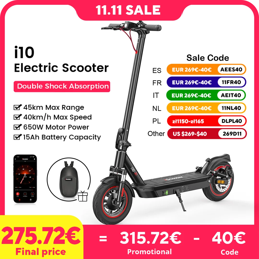 iScooter i10 Electric Scooter 650W 15Ah Powerful Electric Kick Scooter 45km Max Range 40km/h Speed Electric eScooter With APP