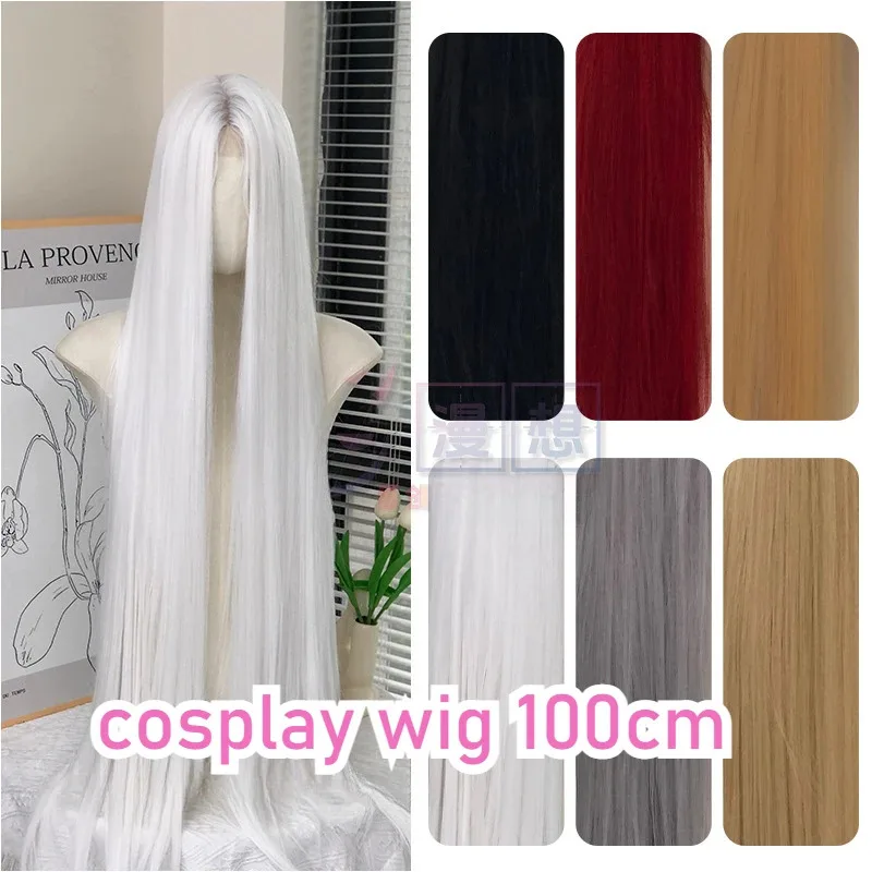 Peluca de Cosplay blanca rubia 100cm peluca con malla frontal recta ultralarga Anime pelo sintético resistente al calor Peruca Cacheada Sintetica