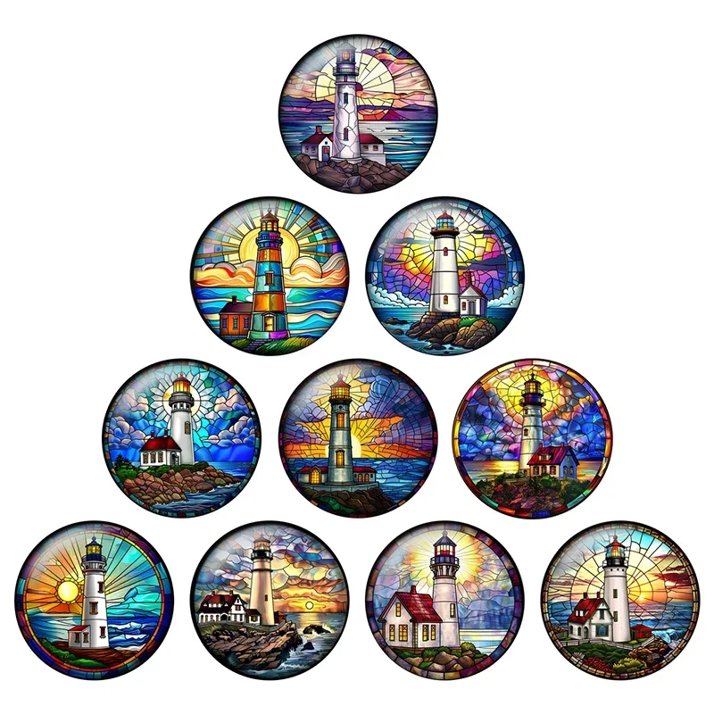 24pcs/lot Colorful Lighthouse Sunset Afterglow Patterns 8mm/25mm Round Photo Glass Cabochon Demo Flat Back Making Findings H343