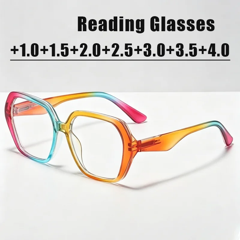 Polygonal Large-Frame Presbyopia Glasses for Women Rainbow Gradient Contrast-Colour PC Frame Blue Light Blocking Reading Glasses
