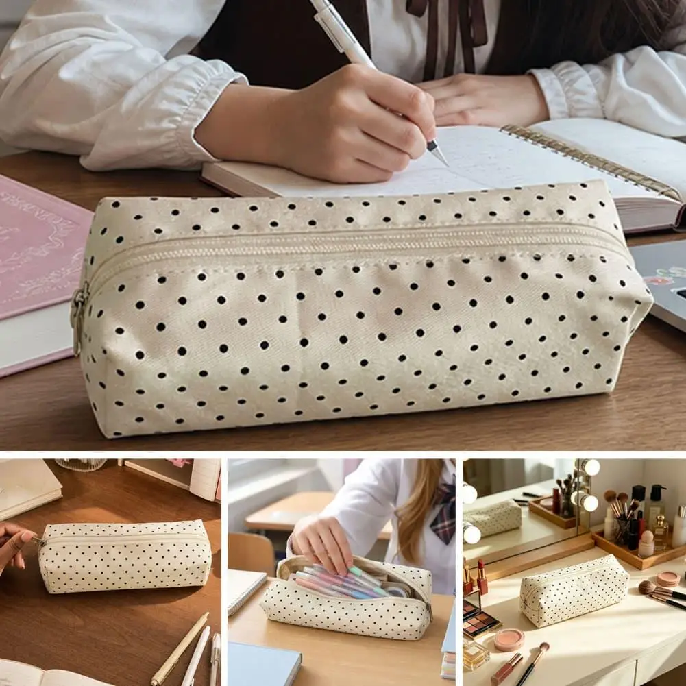 Canvas Polka Dot Pencil Case Large Capacity Zipper Storage Bag for Students School Office Travel Stationery Pouch Portable New