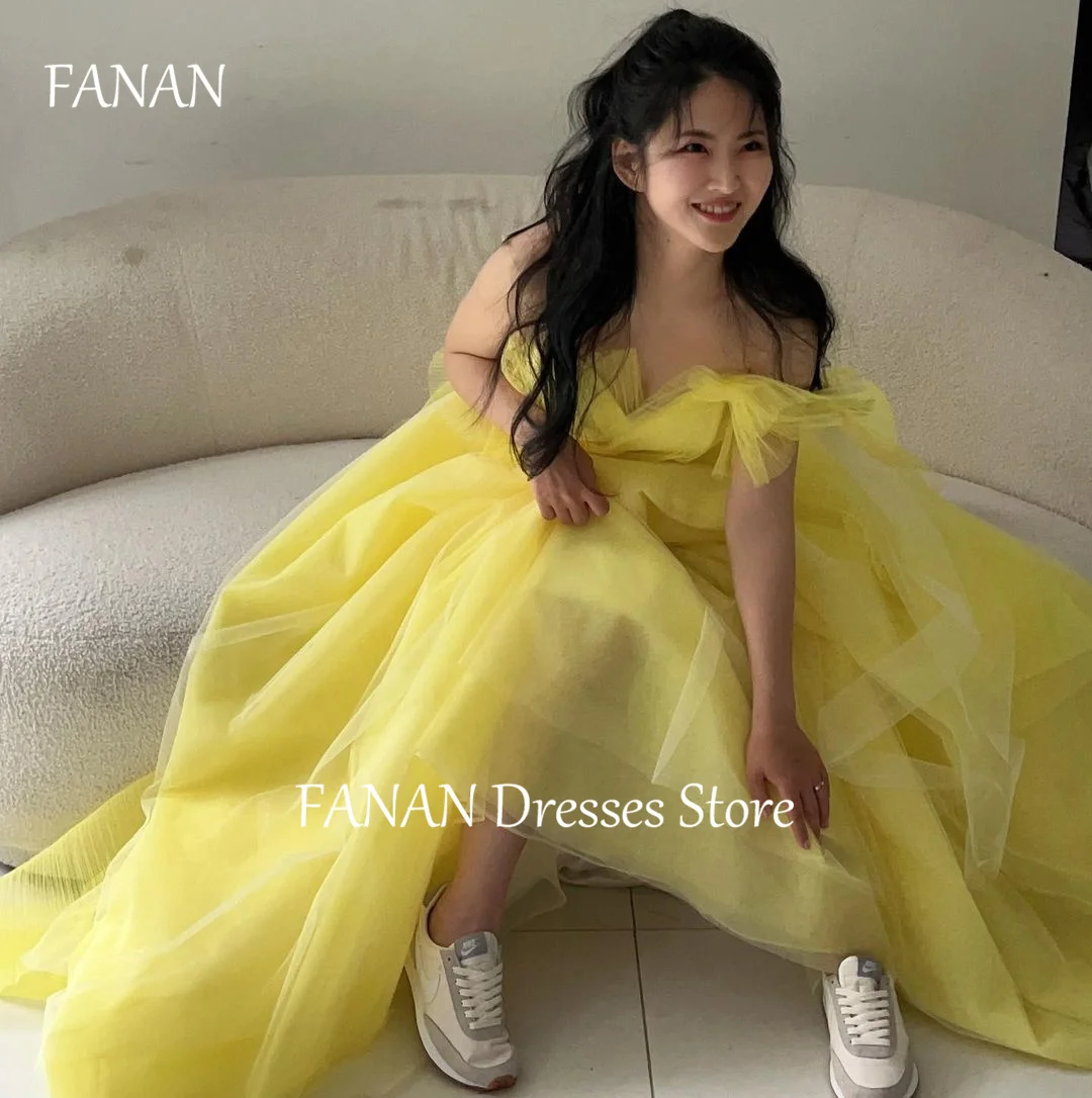 FANAN A-Line Short Sleeves Corset Evening Party Dresses Yellow Korea Corset Tulle Wedding Women Formal Gowns Event Prom Gowns