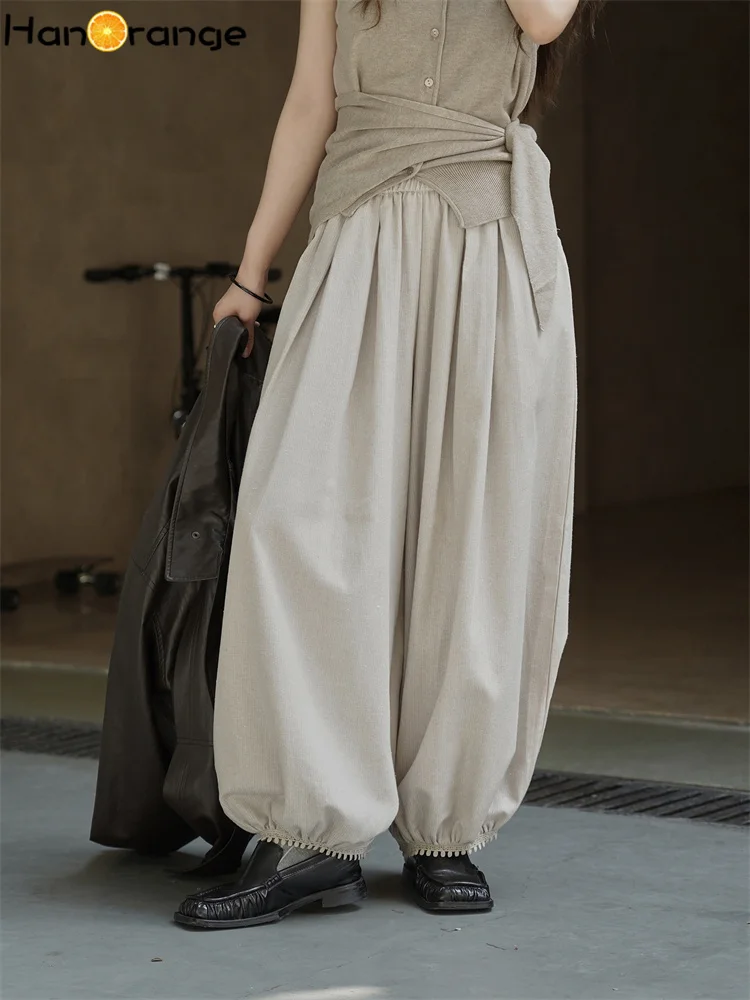 

HanOrange 2025 Autumn Fashion Elastic Waist Ankle-tied Velvet Feeling Pants Women Loose Wide Leg Pants Black/Apricot