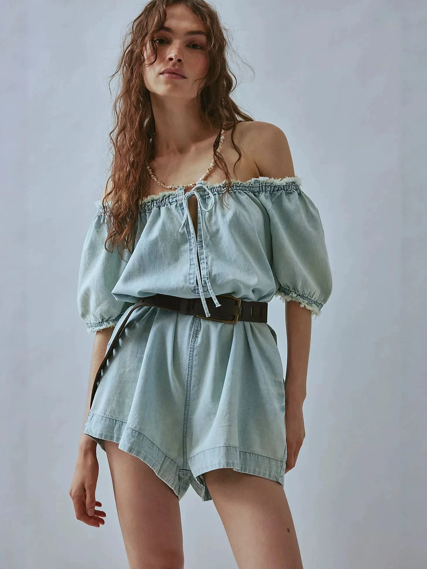 Summer Women's Square Neck Jumpsuit Fringed Bubble Sleeves Lace-Up Denim Short New 2026