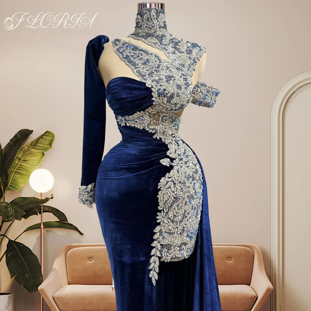 Vintage Design Navy Blue Velvet Lace Evening Dresses Arabic Beaded High Neck One Shoulder Long Formal Party Gowns Robe de Soiree