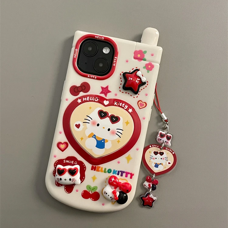 Capa para Celular Hello Kitty com Pingente de Espelho, Kawaii, Protetora, Anime, Engraçado, Moda, Sanrio, iPhone 11, 12, 13, 14, 15 Pro Max