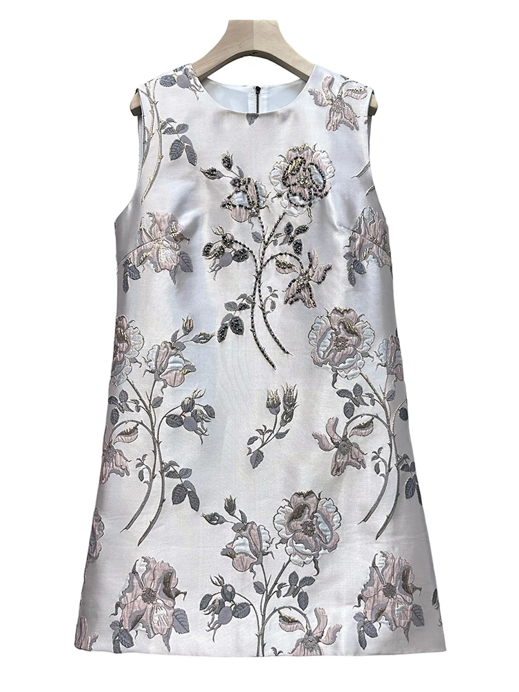 フレンチファッション エレガント 刺繍 花柄 ダイヤモンド サマードレス ラウンドネック ノースリーブ ハイウエスト Aライン カジュアル ショートドレス レディース