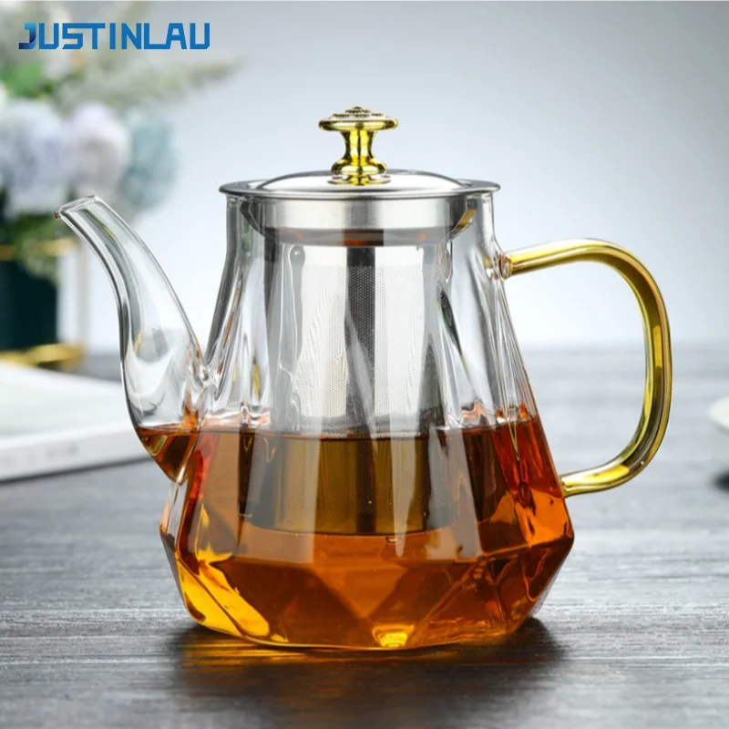 JUSTINLAU Thickened Glass Teapot Transparent Diamond shape Tea Boiling kettle with Stainless Steel Strainer Anti-burst Teapot