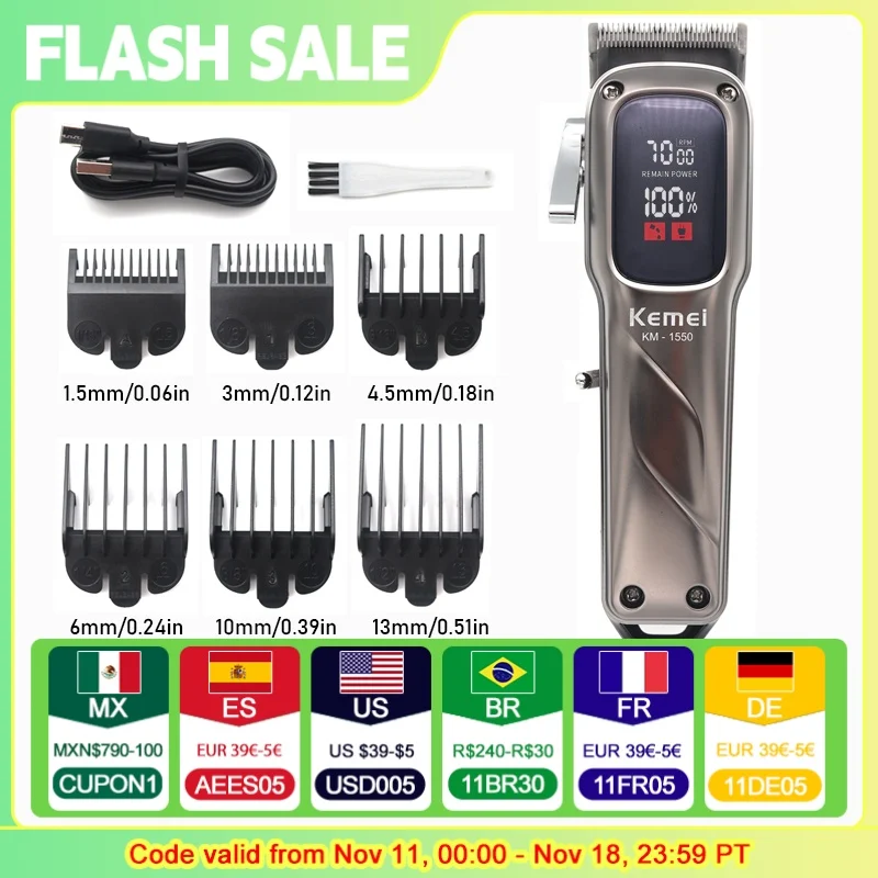 Kemei KM-1550 Professioneller Haarschneider für Männer, LED-Anzeige, geräuscharm, kabellos, USB-Schnittstelle, Haarschneidemaschine, Haarschneider