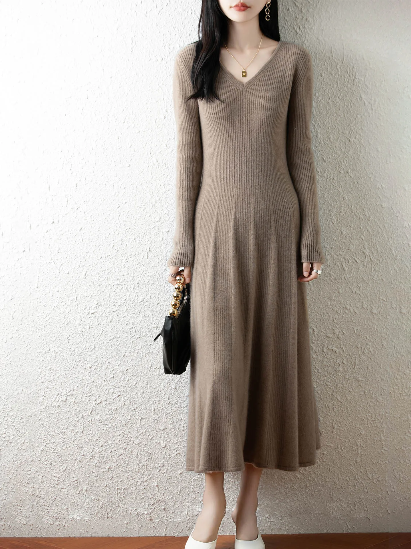 

Женское длинное платье из 100% мериносовой шерсти с v-образным вырезом, осень-зима, повседневное модное кашемировое трикотажное платье