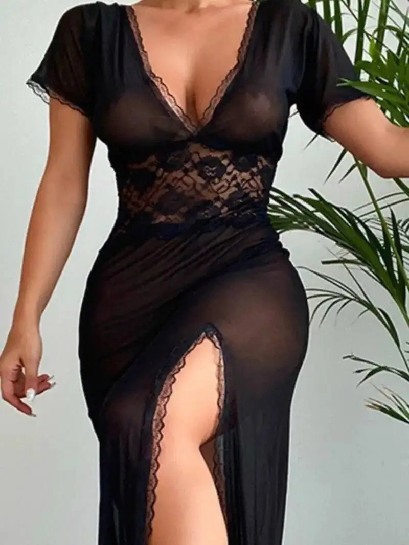 فستان نسائي طويل شبكي بأكمام قصيرة بتصميم كاجوال من Pure Desire فستان شفاف عميق على شكل حرف V بلون سادة أنيق وساحر BZFE