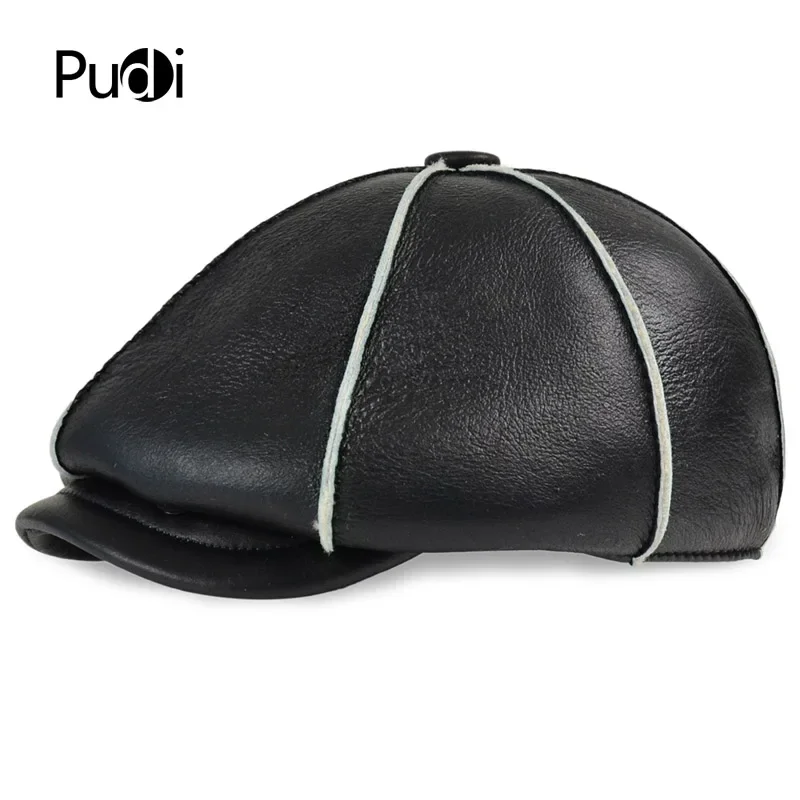 HL112 Men's real leather baseball cap hat winter warm Russian one fur beret Belt Gatsby hunting caps hats with real fur inside