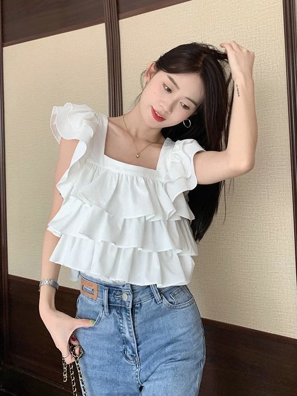 Ele Square Collar Ruffle Sve irt Women's ort Design Sense Tie Summer New Sle Anti-Wrinkle Regular Thin