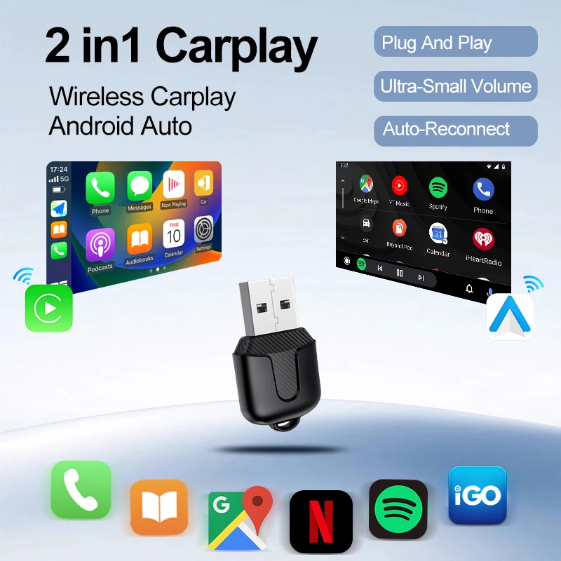 

New 2in1 Wired To Wireless CarPlay & Android Auto Adapter Mini USB Ai Box For Volkswagen Renault Peugeot Bmw Car Accessories BT