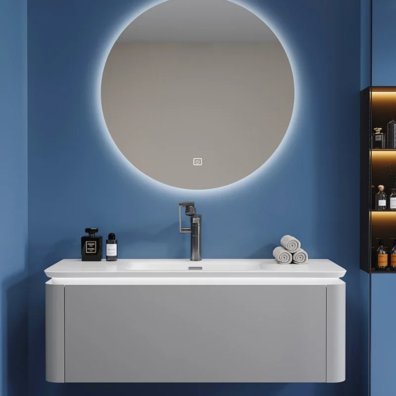 

Integrated basin bathroom cabinet combination round mirror skin feeling hand wash table cream wind bathroom washbasin cabinet