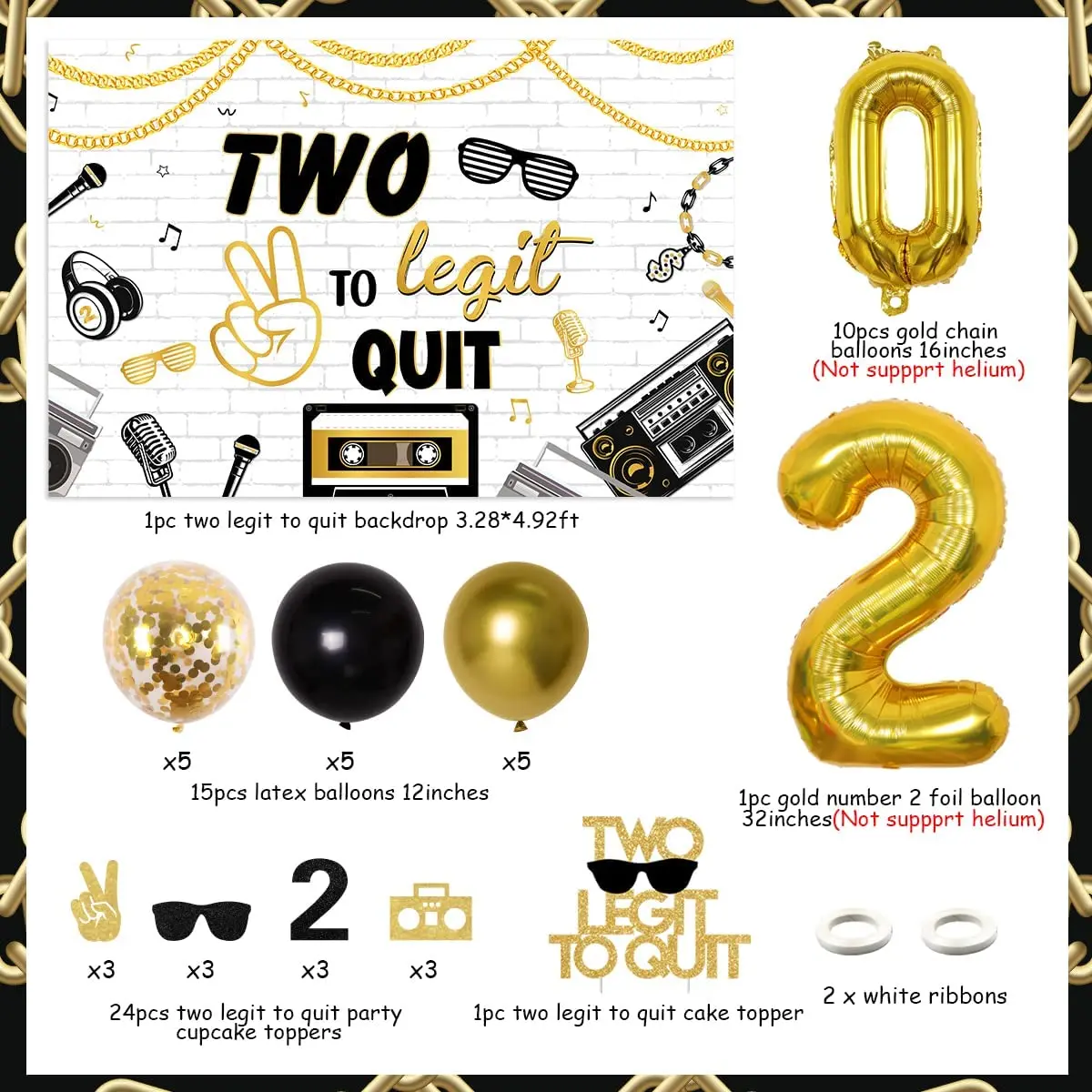 Hip Hop Music Theme Foil Balloons, 2 Legit 2 Quit Backdrop, Cake Topper, Gold Chain, Number 2, Balloons, Birthday Supplies