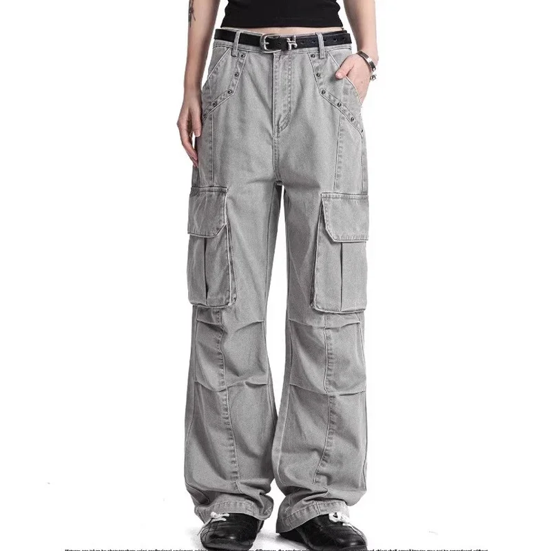 Men's 2026 New Washed Grey Multi Pocket Patchwork Retro American Style Micro Flared Casual long Pants