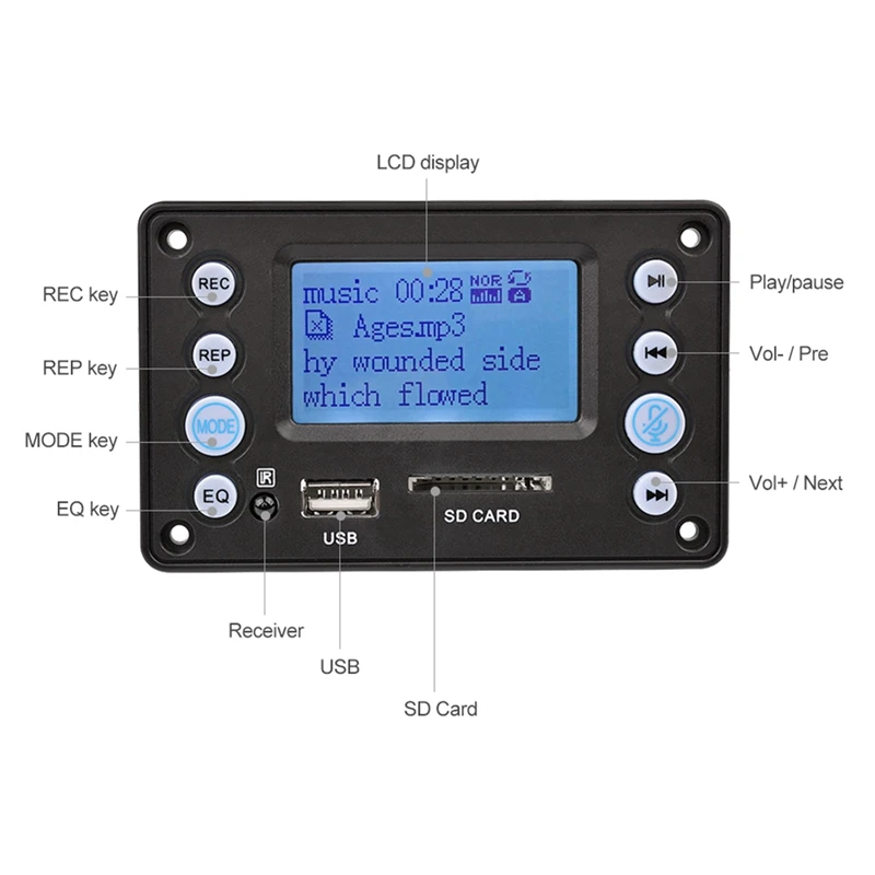 5V LCD MP3 Decoder DAC Bluetooth Audio Receiver APE FLAC WMA WAV Decoder Support Recording Radio Lyrics Display