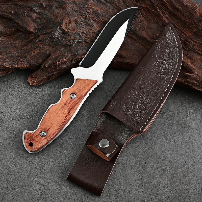 Outdoor Straight Knife, Wooden Handle, Stainless Steel Blade with Knife Cover, Travel Camping Cutting Tool, Holiday Gift