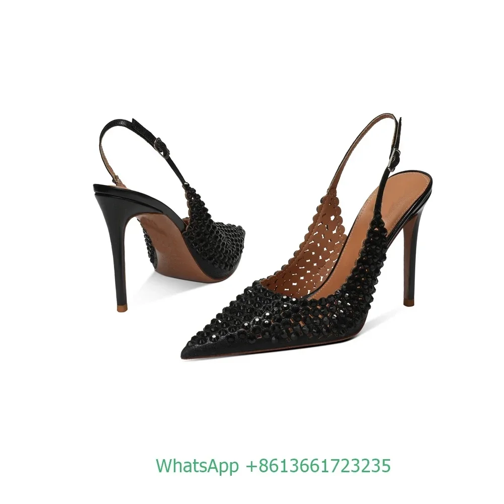 

Pointed Toe Slingback Slip On Women Stiletto Heels Crystal Bling Bling Back Strap Sandals Rhinestone Shiny Party Wedding Sandals