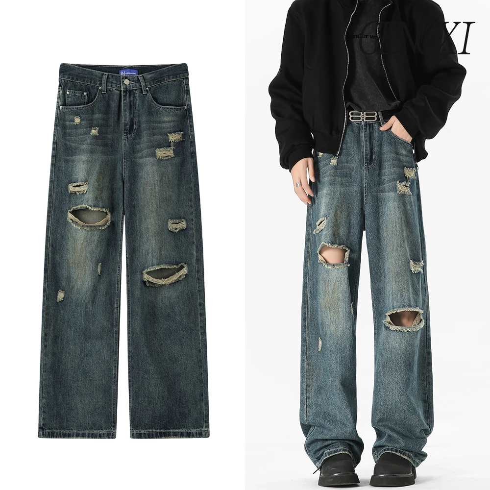 

New high street hole jeans washed old high waist wide leg trousers street retro style loose straight trousers large size trouser
