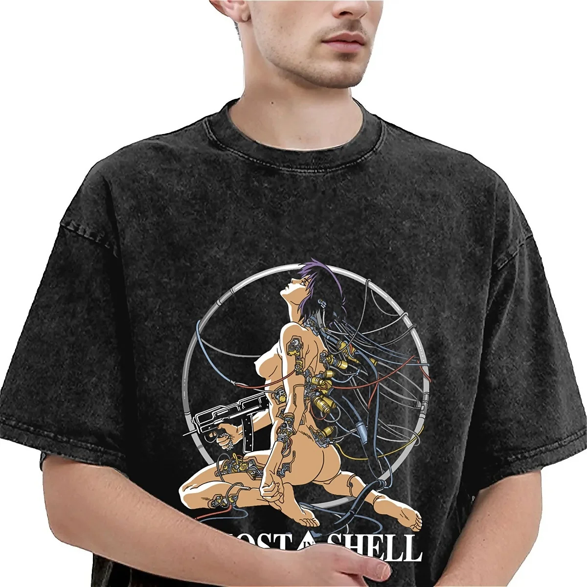 Vintage Washed T-Shirt Kusanagi Motoko Ghost Soldier Cotton T Shirts Ghost In The Shell Fashion Tshirt for Men Beach Y2K Tees