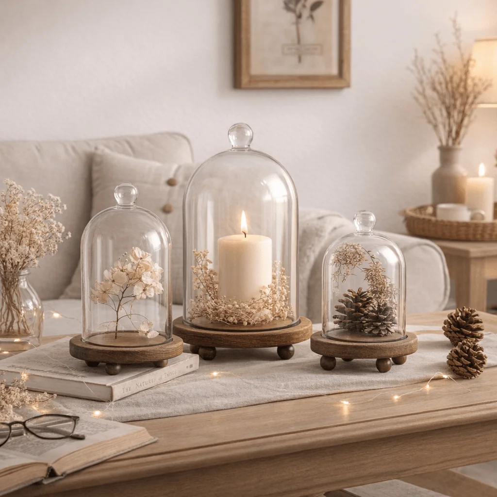 

3 Pack Glass Cloche Dome with Wooden Base, Vintage Decorative Bell Jar Set for Display, Dustproof Cover for Plants, Figurines &