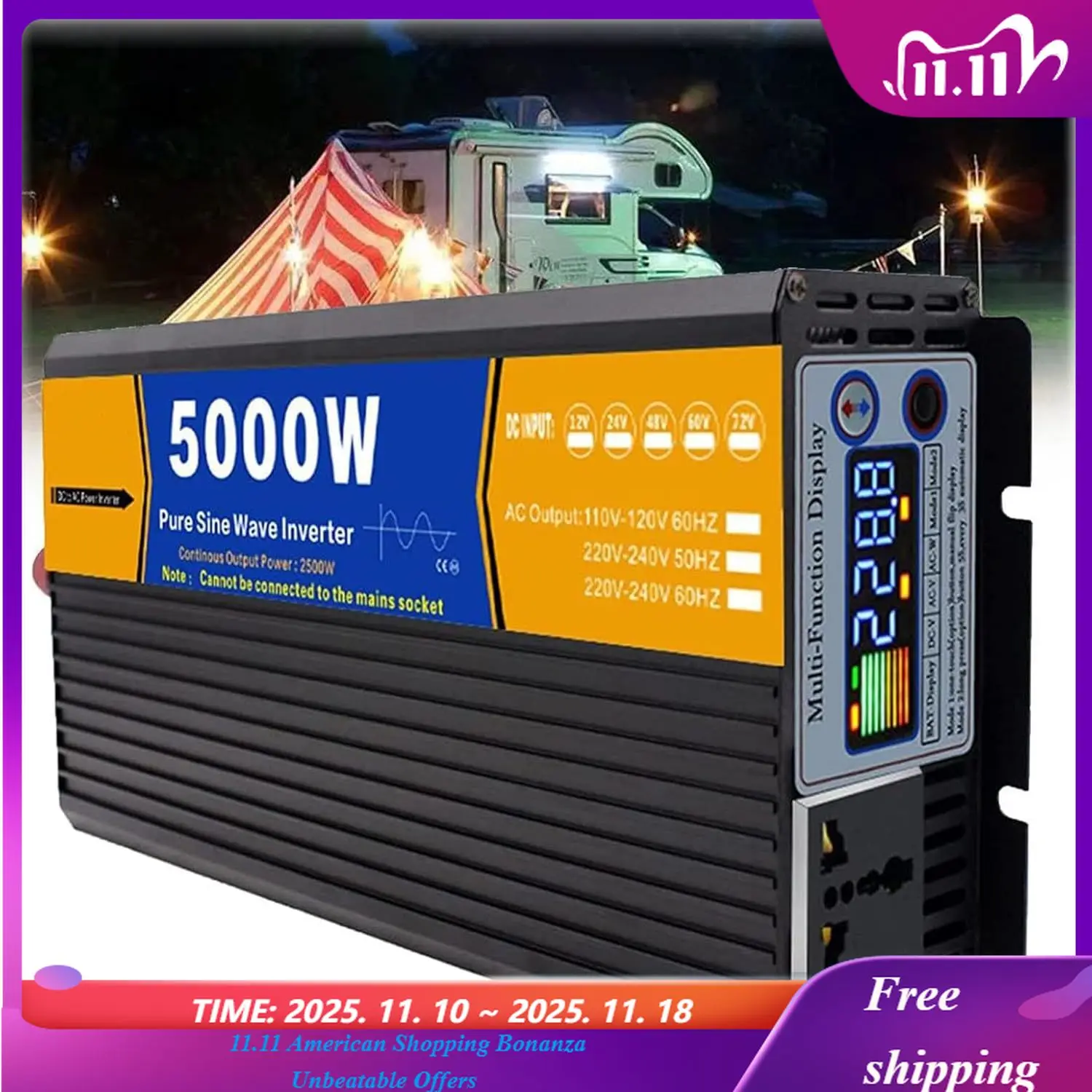 5000W DC 12V/24V/48V/60V/72V 正弦波インバーター充電器 DC入力 AC出力 120V/240V 低周波ソーラーパワーインバーター