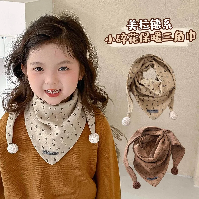 Childrens Brown Style Scarf Winter Warm Windproof Triangle Shawl for Boys Girls  Floral Print Kids Accessories Scarf