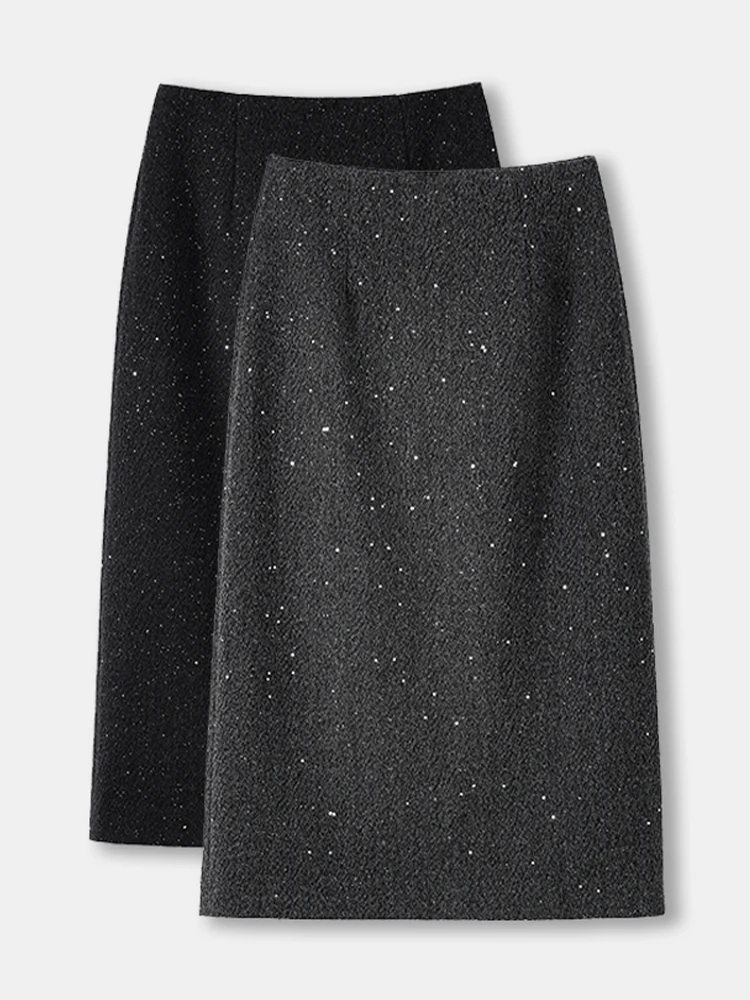 

Юбка с высокой талией из шерстяной ткани, женская, осенне-зимняя, новая модель, с пайетками, облегающая, элегантная, средней длины.