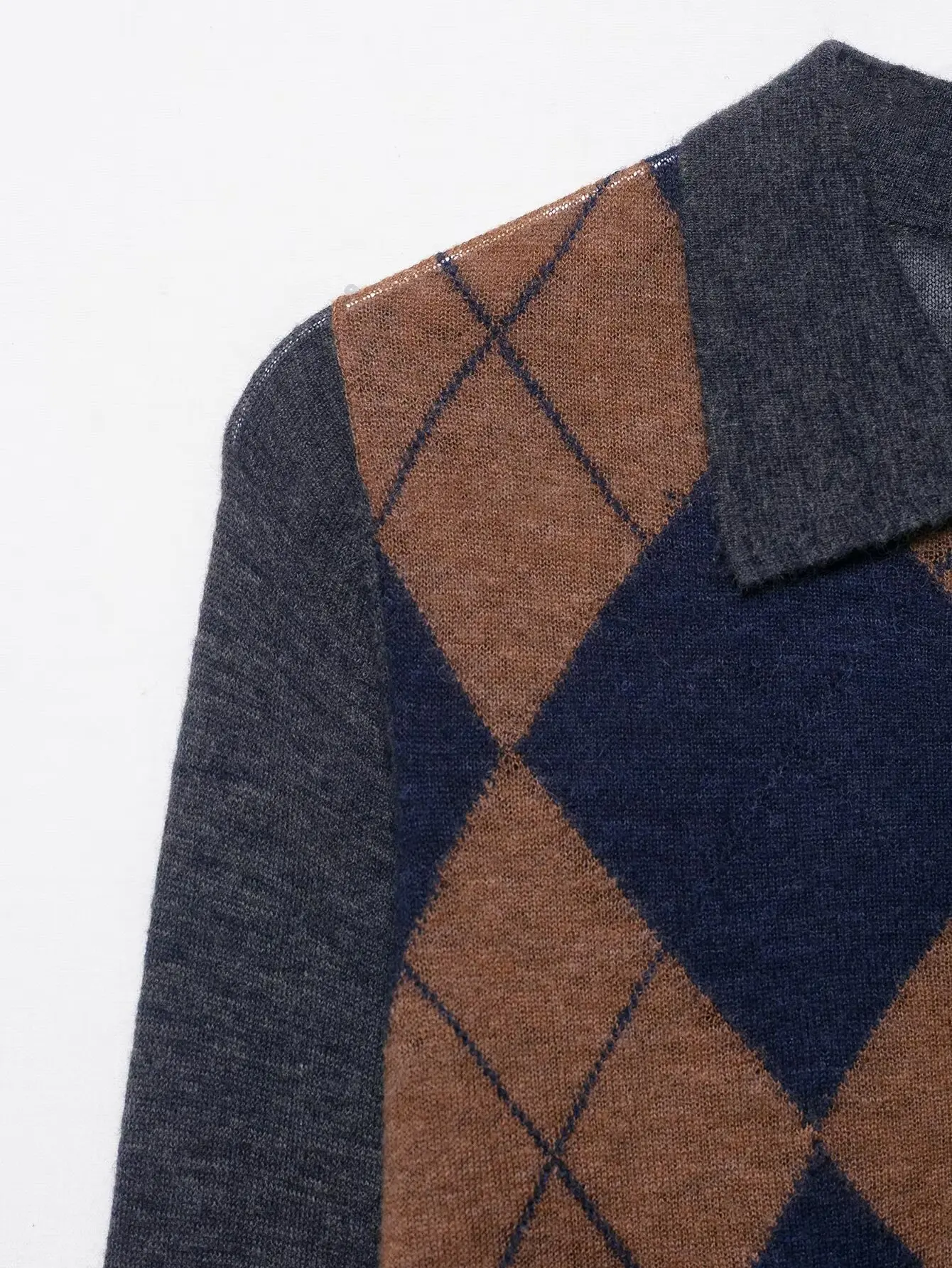 2025 Nueva llegada: suéter de punto con cuello tipo polo con estampado de diamantes para mujer para otoño/invierno, esencial informal, versátil y de moda